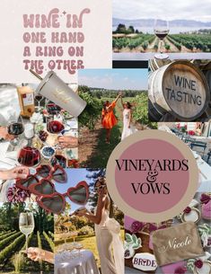 wine in one hand and a ring on the other vineyards and vows collage