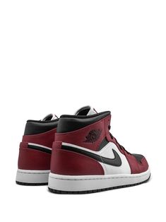 "Find JORDAN Air 1 Mid \"\"chicago Black Toe\"\" Sneakers on Editorialist. red/white leather round toe flat rubber sole front lace-up fastening branded insole signature Swoosh logo detail These styles are supplied by a premium sneaker marketplace. Stocking only the most sought-after footwear, they source and curate some of the most hard to find sneakers from around the world." Classic Jordan Shoes With Lace-up And White Sole, Leather Sneakers With Red Sole For Streetwear, Classic Jordan Leather Shoes With White Sole, University Red Leather Sneakers With Laces, Classic Leather Jordan Shoes With White Sole, Classic Lace-up Basketball Shoes With Contrast Sole, Sporty Jordan Shoes With Contrast Sole In Leather, Leather Jordan Shoes With Contrast Sole For Sports, Classic High-top Sneakers With Red Sole