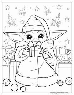 the baby yoda is holding a present in front of christmas decorations and presents with stars on