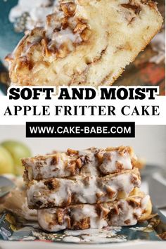 two different pictures with the words soft and moist apple fritter cake on them