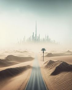 an empty road in the middle of desert with a city in the distance and palm trees on either side