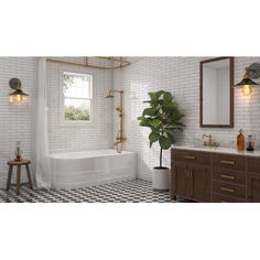 a white bathroom with black and white checkered flooring, gold fixtures and a potted plant in the corner