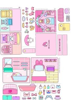 a paper doll house with pink furniture and accessories