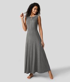 Women’s Round Neck Button Sleeveless Flare Maxi Casual Dress - Halara Maxi Casual Dress, Slip Dress Beach, Golf Dresses, Full Length Dress, Dress Beach, Tennis Dress, Maxi Dresses Casual, Long Sleeve Bodycon, Maxi Dress Party