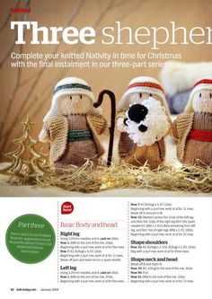 three sheeps in knitted nativity clothes sitting next to each other on hay