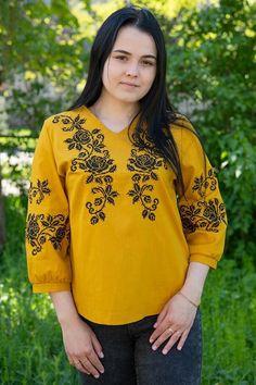 Linen yellow Vyshyvanka, Ukrainian blouse, women's embroidered shirt, all sizes Traditional Fall Blouse With Embroidered Hem, Traditional V-neck Blouse With Embroidered Hem, Traditional Blouse With Embroidered Sleeves, Folk Style Fall Blouse With Embroidered Hem, Fall Embroidered Hem Peasant Top, Yellow Embroidered Tops For Fall, Yellow Long Sleeve Tops With Floral Embroidery, Traditional Spring Tops With Embroidered Hem, Folk Style Embroidered Top For Spring