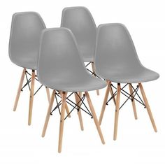 four grey chairs with wooden legs and different color options for each chair in the image