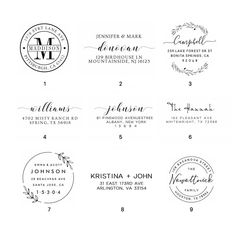 the wedding stamp set is shown in black and white, with different font options for each one