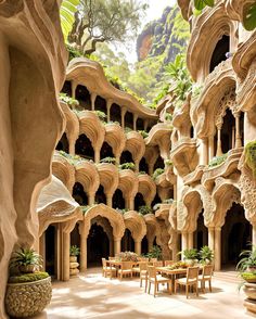 an outdoor dining area with tables, chairs and planters on the walls that are carved from stone