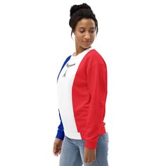 The French flag sweatshirt is the perfect fashion piece for anyone who loves and wants to show off France. This sweatshirt features an all-over print of a French flag with the text "Vive La France" in the middle. You will also find an Eiffel Tower in the design. Wear this sweater anywhere, anytime, whether you're at home or exploring the world! Find more clothes with the French flag + PRODUCT DESCRIPTION + 95% recycled polyester, 5% spandex Soft exterior that feels like cotton Brushed fleece fab Casual White Sweatshirt With American Flag Print, Casual Crew Neck Sweater With American Flag Print, Long Sleeve Flag Print Sweater For Fall, Fall Flag Print Long Sleeve Sweater, Fall Long Sleeve Flag Print Sweater, Patriotic Crew Neck Tops For Winter, Patriotic Crew Neck Sweatshirt For Fall, Patriotic Graphic Print Sweatshirt, Patriotic Long Sleeve Sweatshirt With Graphic Print