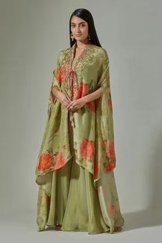 Shop for Basanti - Kapde Aur Koffee Green Organza Floral Print Cape With Sharara Set for Women Online at Aza Fashions Green Cape, Modest Fashion Hijab, Fashion Journals, Beautiful Dress Designs, Open Sleeve, Sharara Set, Designer Dresses Indian, Set For Women, Indian Outfits