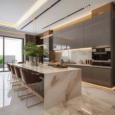 a modern kitchen with marble counter tops and bar stools in front of an open window