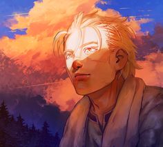 a man with blonde hair and blue eyes stares into the distance in front of an orange sky