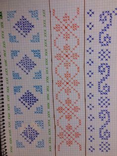 three rows of cross stitched designs on a sheet of paper with colored lines in the middle