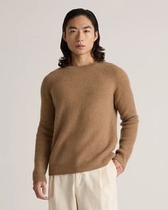 Mongolian Cashmere Fisherman Crewneck Sweater Casual Winter Sweater With Ribbing, Casual Ribbed Winter Sweater, Relaxed Fit Cashmere Sweater With Ribbed Detail, Ribbed Cashmere Sweater In Relaxed Fit, Ribbed Long Sleeve Cashmere Outerwear, Cashmere Ribbed Sweater With Relaxed Fit, Relaxed Fit Ribbed Cashmere Sweater, Casual Ribbed Cashmere Outerwear, Classic Winter Sweater With Ribbing