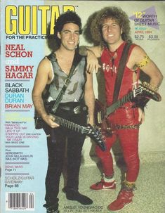 the cover of guitar magazine features two men in red and black outfits, one holding an electric guitar