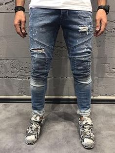 D&H Men Slim Fit Side Zipper Ripped Destroyed Jeans - Blue - FASH STOP Biker Shorts Outfit Summer, Biker Shorts Outfit, Vans Converse, Denim Inspiration, Zipper Jeans, Biker Jeans, Streetwear Shop, Stylish Mens Outfits, Denim Jeans Men