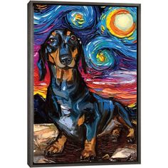 a painting of a dachshund sitting in front of a starry night