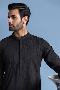 charcoal black embroidered kurta, republic by omar farooq kurtas, black kurta Running Stitch, Charcoal Black, Lining Fabric, Black Charcoal, Floral Motif, Overalls, Running