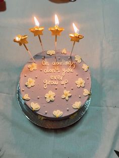 a birthday cake with lit candles on it