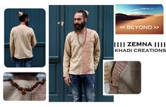 "<< BEYOND >> - ZEMNA COLLECTION OF CLOTHES FROM HAND-WOVEN COTTON Zemna Tribal Shirt for Men made from hand-spoon and hand-woven Indian cotton \"Khadi\". Natural Khadi fabric (non-dyed cotton) with a matching color stripe of Gandhi Khadi. Available in S,M and L sizes. Khadi is made without any synthetic fibers, so its environment friendly and doesn't cause skin allergies, healthy for both body and spirit! In India, Khadi is not just a cloth, it is a whole movement started by Mohanda Boho Shirts Men, Casual Shirt With Text Print In Ring-spun Cotton, Unisex Casual Ring-spun Cotton T-shirt, Khadi Shirts Men, Khadi Kurta, Cheap Organic Cotton Men's T-shirt, Skin Allergies, Hippie Shirt, Boho Shirts