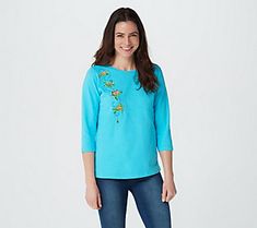 Get whisked away. Your heart will flutter with delight for this sequin and bead embellished tee with dazzling embroidery details. From Quacker Factory(R). Spring Embellished Cotton T-shirt, Embellished Cotton T-shirt For Spring, Casual Embellished T-shirt For Spring, Blue Embellished Tops For Fall, Blue 3/4 Sleeve Tops With Floral Embroidery, Blue Embroidered Top With 3/4 Sleeves, Spring Casual Embellished Tops, Casual Embellished Tops For Spring, Butterfly Embroidery