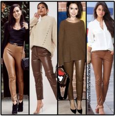 Brown Leather Pants Winter Outfit, Brown Leather Jeans Outfit, How To Style Brown Leather Pants, Leather Jeans Outfit, Brown Leather Jeans, Brown Leggings Outfit, Leather Look Jeans, Outfits Leggins, Faux Leather Jeans