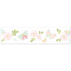 a wallpaper border with pink flowers and butterflies on the borders, along with green leaves