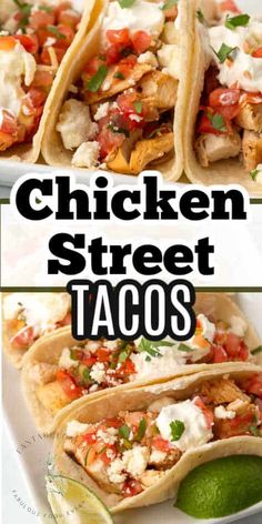 chicken street tacos on a plate with lime wedges