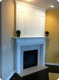 a white fireplace with some potted plants on top