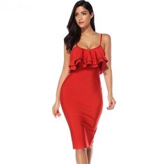 Elegant Ruffles Red Bodycon Midi Dress - Uniqistic.com Fitted Midi Dress With Ruffles And Spaghetti Straps, Stretch Midi-length Bodycon Dress With Ruffles, Fitted Red Mini Dress With Ruffle Hem, Red Fitted Mini Dress With Ruffled Straps, Solid Bodycon Dress With Ruffles, Red Fitted Mini Dress With Ruffles, Red Mini Ruffle Dress, Fitted Red Dress With Ruffle Hem, Fitted Red Bodycon Dress With Ruffles