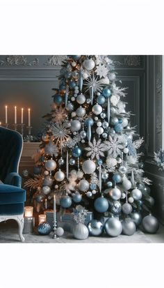 a christmas tree with silver and blue ornaments