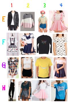 many different types of clothes are shown in this collage with the letters f and h