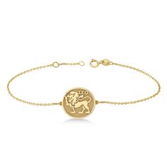 Flaunt your sun sign with the chic design of this Leo Coin Zodiac Bracelet bracelet, expertly crafted in 14k yellow gold. Wear it as a personal talisman or present it to a loved one as a special gift. This Coin Zodiac Bracelet is also available in the eleven other signs of the Zodiac. #bracelet #braceletsoftheday #braceletoftheday #braceletes #braceletstack #braceletshop #braceletlove #braceletswag #braceletsforsale #braceletlover #braceletset #braceletaddict Celestial Style Yellow Gold Bracelet, Symbolic 14k Gold Bracelet For Gifts, Gold Spiritual Bracelets With Zodiac Sign, Symbolic Yellow Gold-plated Bracelets, 14k Gold Zodiac Sign Fine Jewelry, Symbolic Yellow Gold Round Bracelets, Gold Zodiac Sign Bracelet, Gold Symbolic Bracelet In Sterling Silver, Gold Sterling Silver Symbolic Bracelet