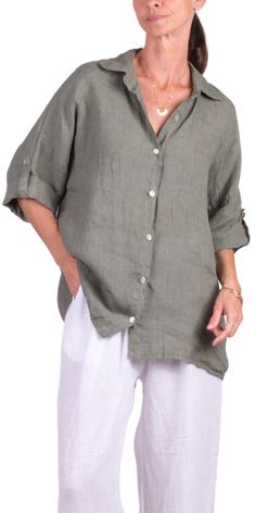 100% Linen Button Down Shirt with Dropped Shoulders and Rolled 3/4 Length Sleeves. 100% Linen Made in Italy One Size Model 5'8" Casual Blouse With 3/4 Sleeves And Buttons, Relaxed Fit Blouse With Button Cuffs And 3/4 Sleeves, Relaxed Fit Blouse With 3/4 Sleeves And Buttons, Relaxed Fit Tops With 3/4 Sleeves And Button Closure, Casual Tops With 3/4 Sleeves And Button Closure, Casual Shirt With 3/4 Sleeves And Buttons, Casual Shirt With 3/4 Sleeves And Button Cuffs, Relaxed Fit Top With 3/4 Sleeves And Placket, Casual Tops With Button Cuffs And 3/4 Sleeves