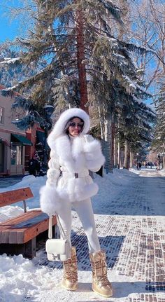 Elegant Snow Outfit, Classy Snow Outfits, Winter Wonderland Outfits For Women, Snow Looks For Women, White Snow Outfit, Snow Aesthetic Outfit, Winter Wonderland Outfit Ideas, Ladies Winter Jackets, Outfit Nieve