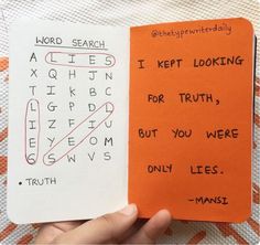 someone is holding an orange piece of paper with words on it and the word search