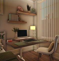 a computer desk sitting next to a window in a room with wooden floors and white blinds