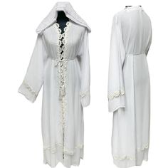 Women's White Open Front Chiffon Abaya Jalabiya long dress with stone work . Brand new. As a result, comes in original plastic wrap with Hijab included. Beautiful material with a premium feel. Exclusive new design Abaya.   Press studs buttons  Colour: white  stone work  Comes with a scarf and Belt  Fabric: chiffon  Latest new design!  Do not tumble dry.  Suitable for dry-cleaning.  Hand Wash   Abayas are known by many names. However, they serve the same purpose: to cover. Other models are usuall Long Georgette Abaya For Eid, Eid Long Georgette Abaya, Eid Chiffon Maxi Abaya, Long Chiffon Kaftan For Eid, White Long Abaya For The Beach, White Long Abaya For Beach, Long Khimar For Wedding, Elegant Long White Khimar, Chiffon Long Maxi Dress For Eid