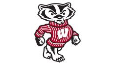 the badger mascot is running with his hand on his hip