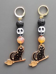 Spooky witch kitty earrings, perfect for Halloween! Witchy Halloween Earrings, Halloween Cat Ears Earrings For Pierced Ears, Halloween Cat Ears Earrings, Halloween Cat Design Earrings With Cat Ears, Black Cat Design Earrings For Halloween, Adjustable Witchy Earrings For Halloween, Black Cat Ears Earrings For Halloween, Witchy Halloween Earrings Adjustable, Black Halloween Jewelry With Cat Ears