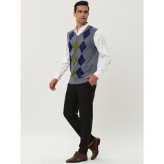 An essential choice for vintage style wearing. The simple argyle print design makes it easier to match your other clothes. The classic style and the nice soft fabric make this knitted sweater vest an on-trend essential. A good gift for families, friends, boyfriends, or husbands. Suitable for any occasion. Comfortable to wear with casual pants or suit pants. Fabric Tape, Knitted Pullover Sweaters, Sleeveless Sweater, Sweater Vest, Knitted Pullover, Pullover Sweaters, Daily Wear, Casual Pants, Contrasting Colors