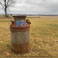 an old rusted fire hydrant sitting in the middle of a field with graffiti on it