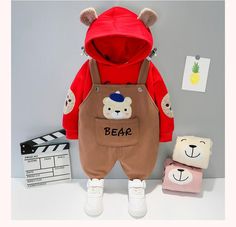 2-piece Bear Pattern Fleece-lined Hoodie & Pants for Children Boy - PrettyKid Red Long Sleeve Winter Sets, Long Sleeve Fleece Sets For Fall, Red Cotton Sets For Fall, Red Cotton Fall Season Set, Red Hooded Winter Set, Children Boy, Childrens Clothing Boutique, Hoodie Pants, Kids Boutique Clothing