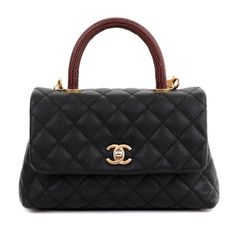 This Chanel Black Caviar Lizard Coco Handle Small Flap Bag is in pristine condition. Elegant and sophisticated with a hint of exotic, the Coco handle is an exquisite departure from the Classic Flap silhouette. Black caviar leather is textured and durable. Quilted in signature Chanel diamond pattern with antiqued gold interlocking CC twist lock closure. Carried by the burgundy lizard skin top handle or the detachable leather and chain entwined shoulder strap. Black leather interior and protective Coco Handle, Lizard Skin, Gucci Watch, Jimmy Choo Sunglasses, Fendi Shoes, Black Caviar, Chanel Bags, Chanel Black, Sunglasses Branding