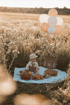 a baby is sitting on a blanket in the middle of a field with some balloons