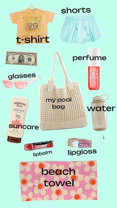 the contents of a beach tote bag on a blue background with pink and white polka dots