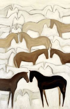 four horses are standing in the snow, one is brown and one is black with white