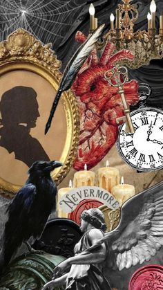 a collage of images with a clock, raven and candle holders in the background