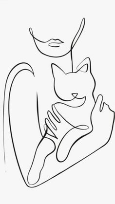 a black and white drawing of a woman holding a cat in her arms, with one hand on the other